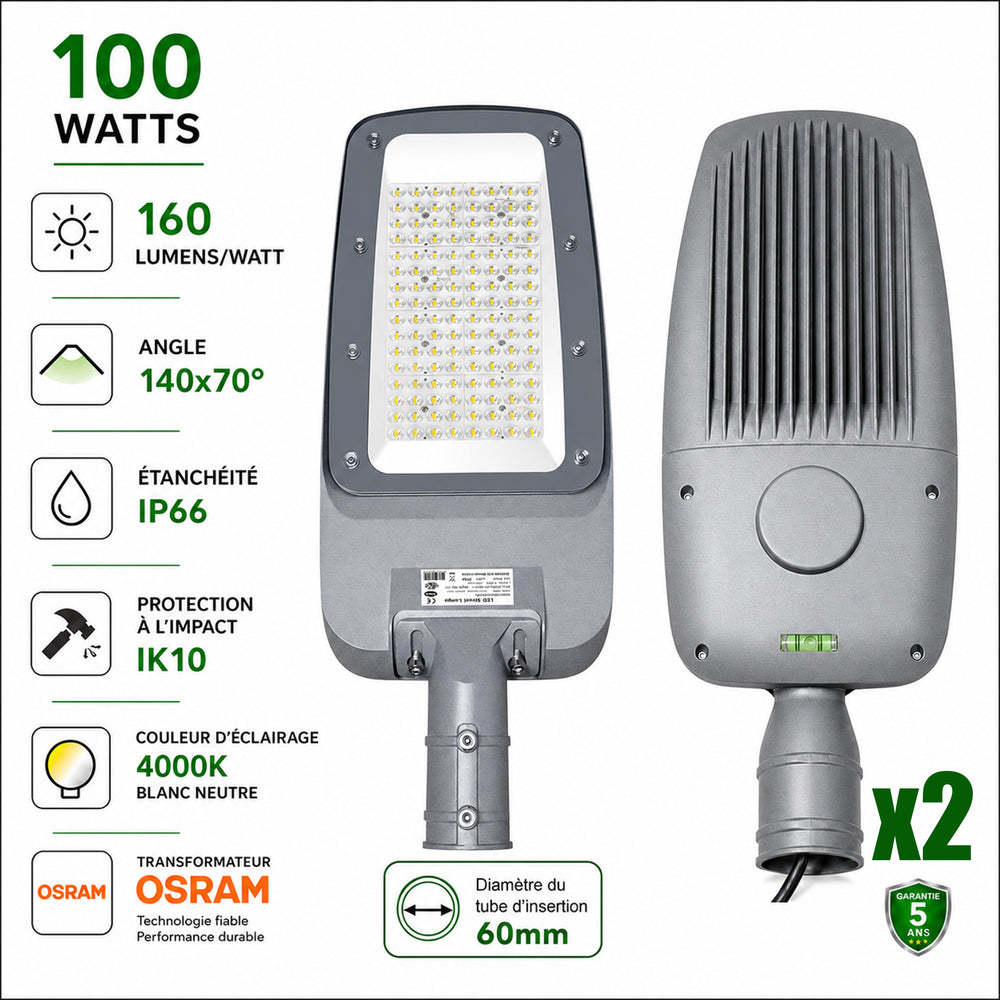 Pack de 2x Lampadaires LED filaires - Série FLEX V4 - 100 Watts - 16 000 Lumens - 160 Lumens/watt - Angle 140x70° - IP66  - 42 x 24 x 8 cm - Transformateur OSRAM - Tube d'insertion 60mm - 4000k - Garantie 5 ans