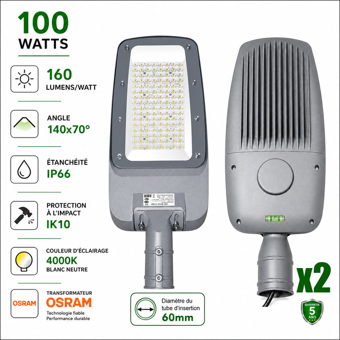 Pack de 2x Lampadaires LED filaires - Série FLEX V4 - 100 Watts - 16 000 Lumens - 160 Lumens/watt - Angle 140x70° - IP66  - 42 x 24 x 8 cm - Transformateur OSRAM - Tube d'insertion 60mm - 4000k - Garantie 5 ans