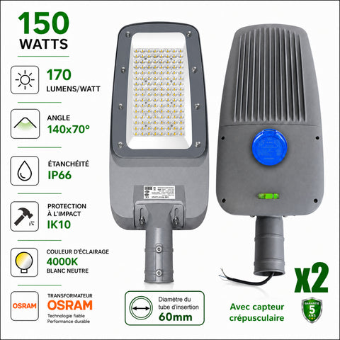 Pack 2x Lampadaires LED filaires - Série FLEX V4 EVO - 150 Watts - 25 500 Lumens - 170 Lumens/watt - Angle 140x70° - IP66  - 55 x 28 x 8 cm - Transformateur OSRAM - Tube d'insertion 60mm - Avec capteur crépusculaire - 4000k - Garantie 5 ans