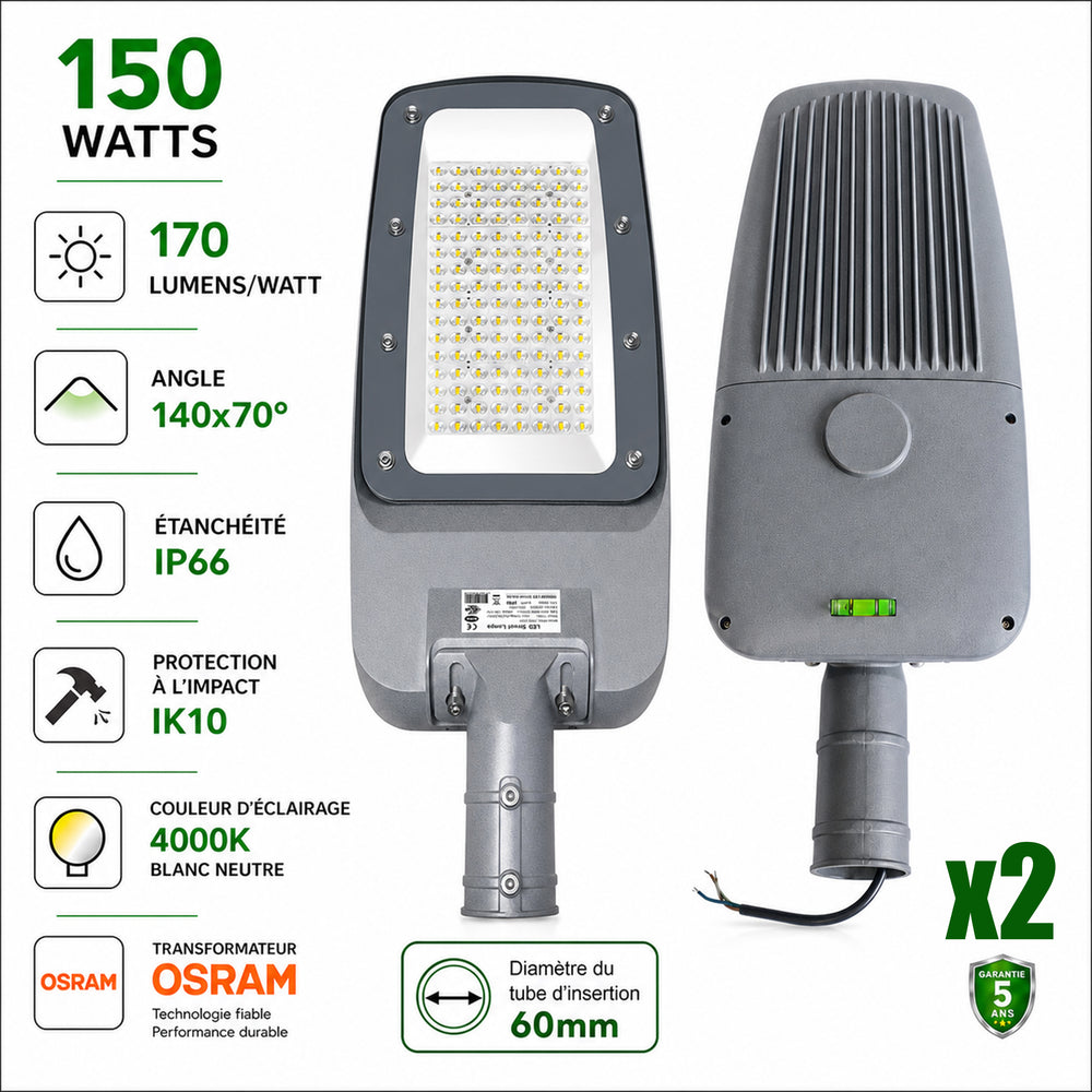 Pack de 2x Lampadaires LED filaires - Série FLEX V4 - 150 Watts - 25 500 Lumens - 170 Lumens/watt - Angle 140x70° - IP66  - 55 x 28 x 8 cm - Transformateur OSRAM - Tube d'insertion 60mm - 4000k - Garantie 5 ans