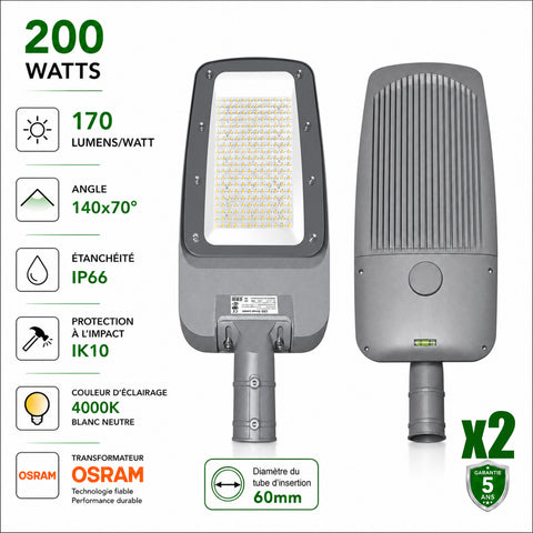 Pack de 2x Lampadaires LED filaires - Série FLEX V4 - 200 Watts - 34 000 Lumens - 170 Lumens/watt - Angle 140x70° - IP66  - 60 x 28 x 8 cm - Transformateur OSRAM - Tube d'insertion 60mm - 4000k - Garantie 5 ans