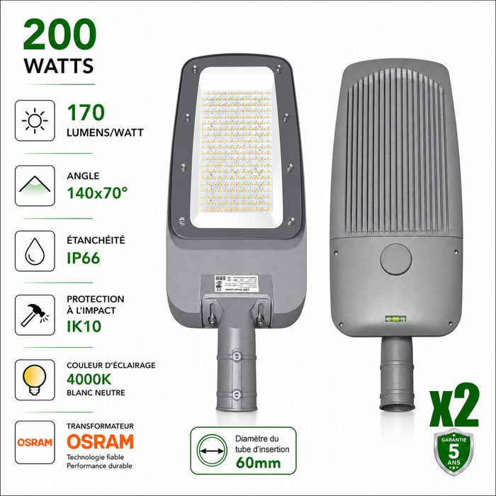 Pack de 2x Lampadaires LED filaires - Série FLEX V4 - 200 Watts - 34 000 Lumens - 170 Lumens/watt - Angle 140x70° - IP66  - 60 x 28 x 8 cm - Transformateur OSRAM - Tube d'insertion 60mm - 4000k - Garantie 5 ans