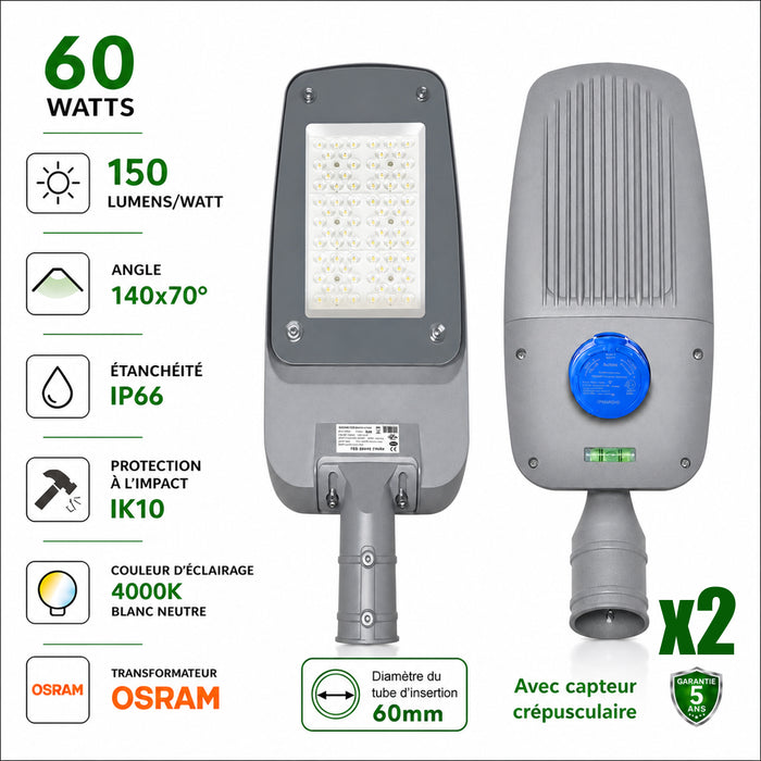 Pack 2x Lampadaires LED filaires - Série FLEX V4 EVO - 60 Watts - 9000 Lumens - 150 Lumens/watt - Angle 140x70° - IP66  - 37 x 18 x 8 cm - Transformateur OSRAM - Tube d'insertion 60mm - Avec capteur crépusculaire - 4000k - Garantie 5 ans