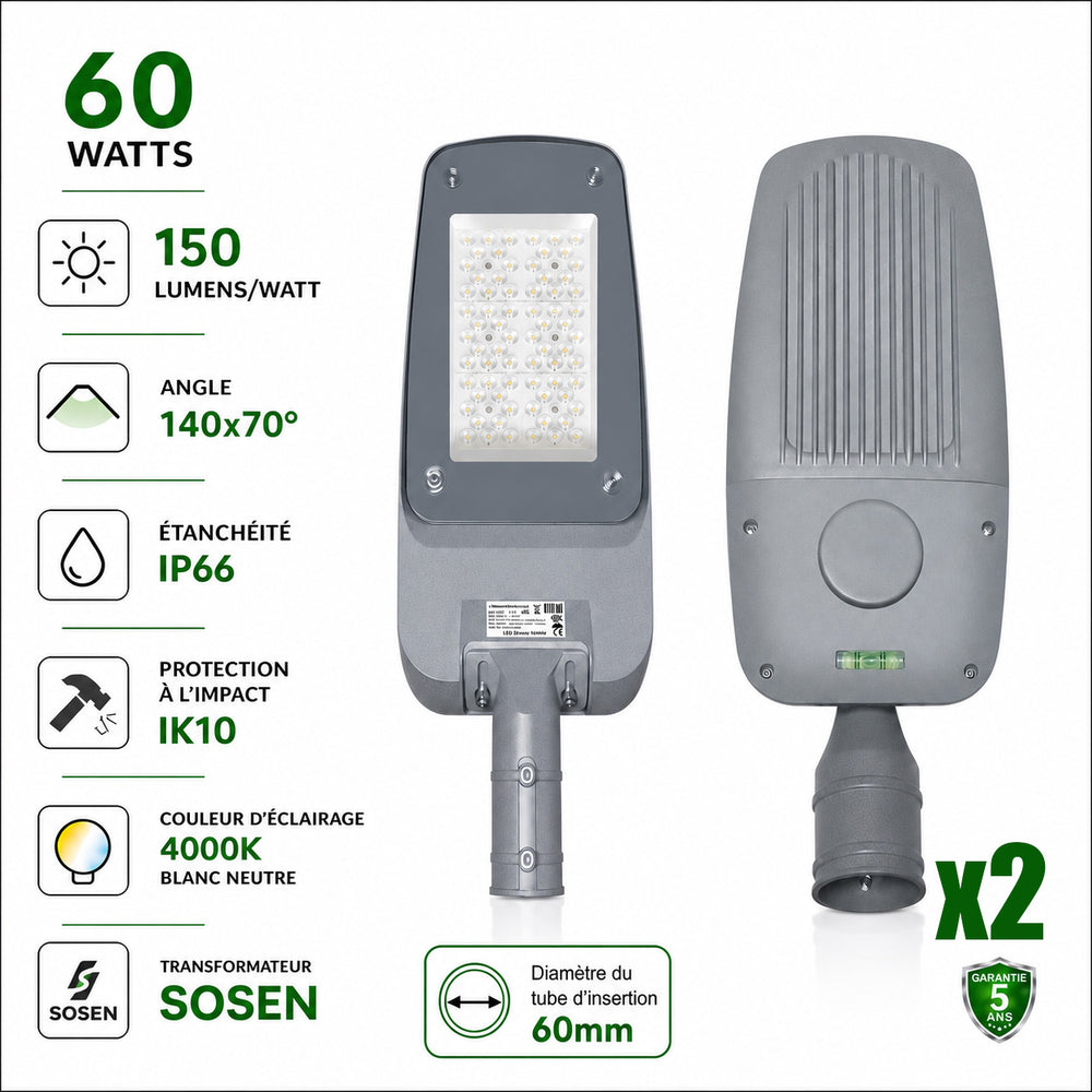 Pack 2x Lampadaires LED filaires - Série FLEX V4 - 60 Watts - 9000 Lumens - 150 Lumens/watt - Angle 140x70° - IP66  - 37 x 18 x 8 cm - Transformateur SOSEN - Tube d'insertion 60mm - 4000k - Garantie 5 ans