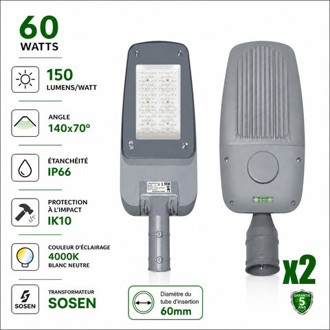 Pack 2x Lampadaires LED filaires - Série FLEX V4 - 60 Watts - 9000 Lumens - 150 Lumens/watt - Angle 140x70° - IP66  - 37 x 18 x 8 cm - Transformateur SOSEN - Tube d'insertion 60mm - 4000k - Garantie 5 ans