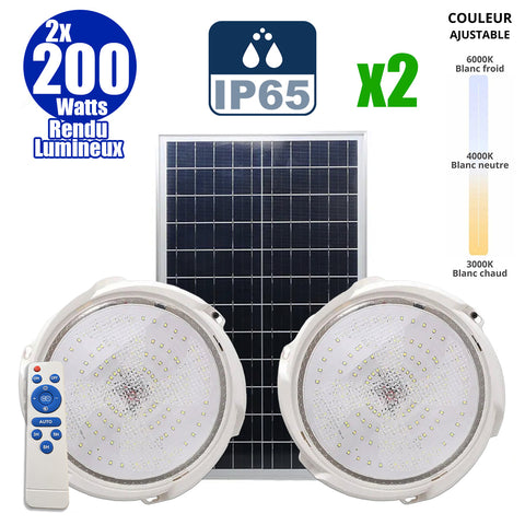 Pack de 2x Doubles Plafonniers LED Solaires CCT (Couleur Changeante en Température ) - Rendu lumineux 200 Watts - Série HOME DOUBLE 200 – 2x 1100 Lumens - Lampe diamètre 36 cm - Panneau solaire 70 x 35 x 2 cm - IP65 - Avec télécommande multifonctions