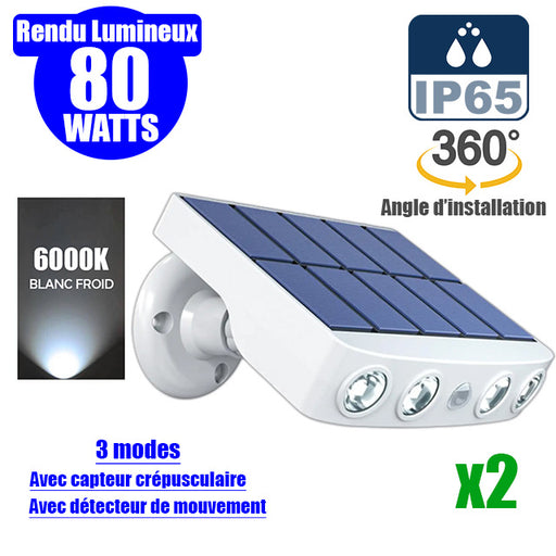 Pack 2x Projecteurs / Lampes de sécurité solaires LED multifonctionnelles - Série HYPNOSE - Rendu lumineux 80 Watts - 600 Lumens - Multi angles d'installation 360° - IP65 - 14 x 11 x 3 cm - Détecteur de mouvement - 3 Modes - Modèle blanc - 6000k