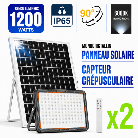 Pack de 2x Projecteurs LED solaires - Série PERFORMANCE V2 - 1200 Watts - 6000 Lumens - Angle 90° - IP65 - Lampe 30 x 23 x 4 cm - Avec télécommande - Capteur crépusculaire - 6000k