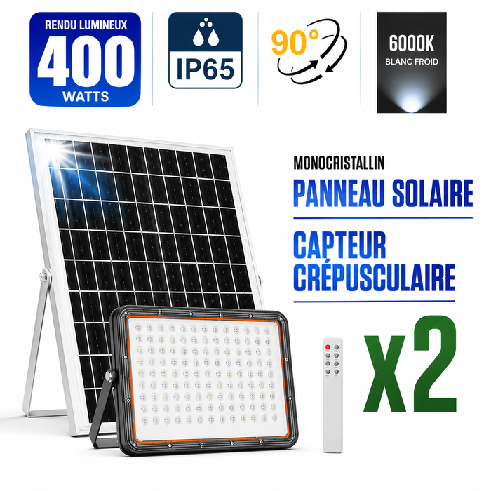 Pack de 2x Projecteurs LED solaires - Série PERFORMANCE V2 - 400 Watts - 6000 Lumens - Angle 90° - IP65 - Lampe 30 x 23 x 4 cm - Avec télécommande - Capteur crépusculaire - 6000k