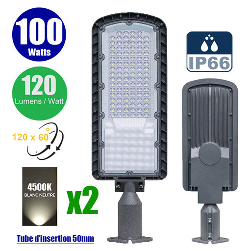 Pack de 2x Lampes de rue filaire - Série FLEX ECO - 100 Watts - 12 000 Lumens - 120 Lumens/Watt - Angle 120 x 60° - IP66 - IK08 - 573 x 190 x 70mm - Tube d'insertion 50mm - 4500k