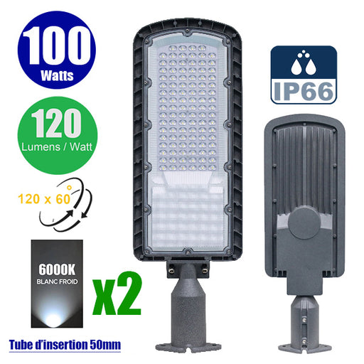 Pack de 2x Lampes de rue filaire - Série FLEX ECO - 100 Watts - 12 000 Lumens - 120 Lumens/Watt - Angle 120 x 60° - IP66 - IK08 - 573 x 190 x 70mm - Tube d'insertion 50mm - 6000k