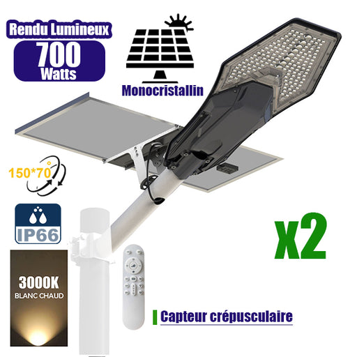 Pack de 2x Lampes de rue solaires - Série INTERSTELLAR ELITE 700 Watts - 4800 Lumens - Angle 150*70° - IP66 - Lampe 65 x 32 x 10 cm - Panneau MONO 70 x 35 x 2 cm - Contrôleur intelligent - Avec télécommande - 3000k - Support inclus - Capteur crépusculaire