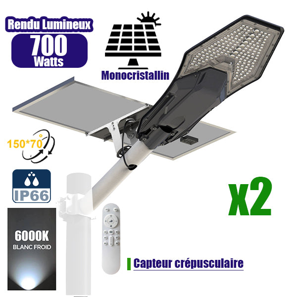 Pack de 2x Lampes de rue solaires - Série INTERSTELLAR ELITE 700 Watts - 4800 Lumens - Angle 150*70° - IP66 - Lampe 65 x 32 x 10 cm - Panneau MONO 70 x 35 x 2 cm - Contrôleur intelligent - Avec télécommande - 6000k - Support inclus - Capteur crépusculaire