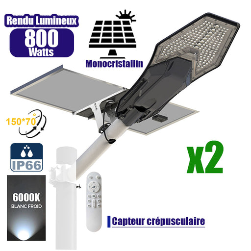 Pack de 2x Lampes de rue solaires - Série INTERSTELLAR ELITE 800 Watts - 5600 Lumens - Angle 150*70° - IP66 - Lampe 75 x 34 x 10 cm - Panneau MONO 67 x 45 x 3 cm - Contrôleur intelligent - Avec télécommande - 6000k - Support inclus - Capteur crépusculaire