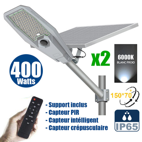 Pack de 2x Lampes de rue solaire - Série INTERSTELLAR ULTRA - 400 Watts - 3100 Lumens - Angle 150x70° - IP65 - Lampe 62 x 30 x 8 cm - Controleur intelligent - Avec télecommande - Capteur PIR - 6000k - Support inclus - Capteur crépusculaire