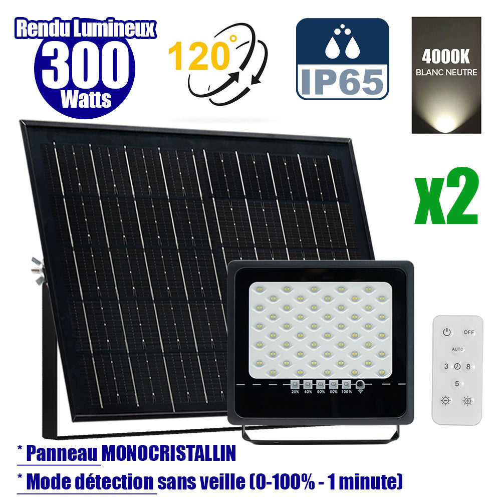 Pack de 2x Projecteurs LED solaires - Série SECURITY ULTRA - 300 Watts - 1500 Lumens - Angle 120° - IP65 - Lampe 24 x 23 x 5 cm - Panneau solaire MONOCRISTALLIN 38 x 24 x 2 cm - Télécommande - 4000k - Mode de détection sans veille (0-100% - 1 minute)
