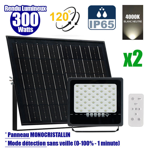 Pack de 2x Projecteurs LED solaires - Série SECURITY ULTRA - 300 Watts - 1500 Lumens - Angle 120° - IP65 - Lampe 24 x 23 x 5 cm - Panneau solaire MONOCRISTALLIN 38 x 24 x 2 cm - Télécommande - 4000k - Mode de détection sans veille (0-100% - 1 minute)