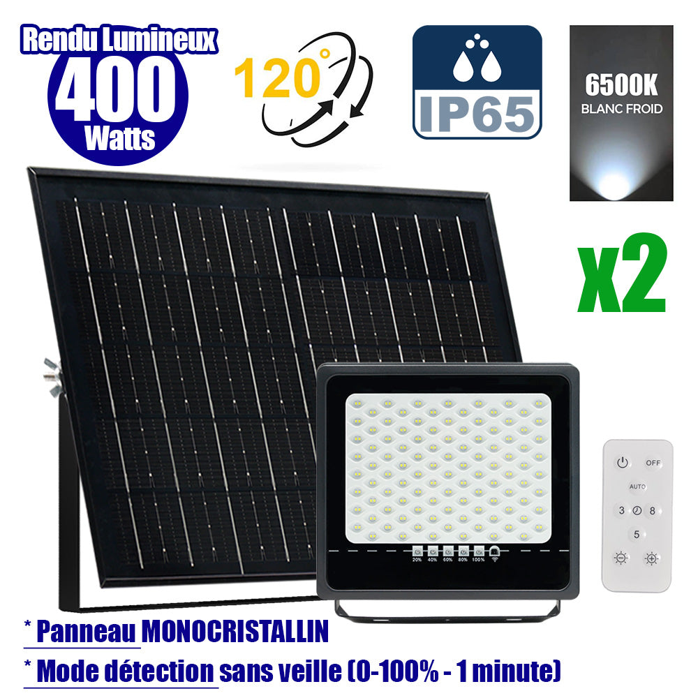 Pack de 2x Projecteurs LED solaires - Série SECURITY ULTRA - 400 Watts - 2000 Lumens - Angle 120° - IP65 - Lampe 28 x 25 x 5 cm - Panneau solaire MONOCRISTALLIN 42 x 33 x 3 cm - Télécommande - 6500k - Mode de détection sans veille (0-100% - 1 minute)