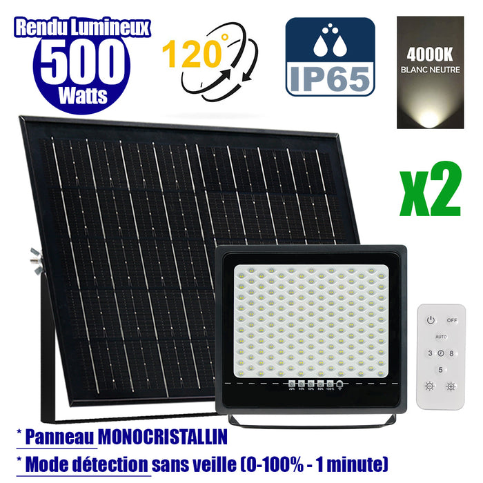 Pack de 2x Projecteurs LED solaires - Série SECURITY ULTRA - 500 Watts - 3000 Lumens - Angle 120° - IP65 - Lampe 32 x 32 x 5 cm - Panneau solaire MONOCRISTALLIN 42 x 38 x 3 cm - Télécommande - 4000k - Mode de détection sans veille (0-100% - 1 minute)