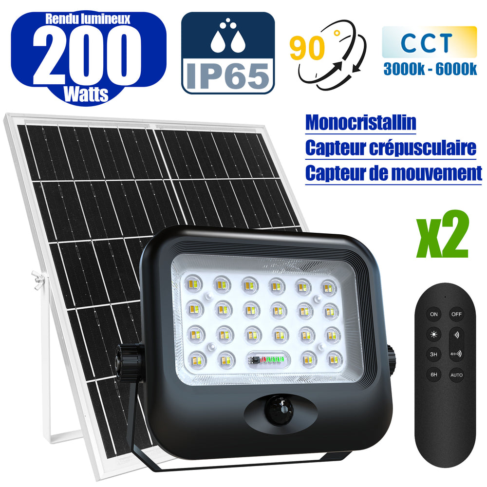 Pack de 2x Projecteurs LED solaires - Série SECURITY V4 - CCT - Rendu lumineux 200 Watts - 1600 Lumens - Angle 90° - IP65 - Lampe 23 x 18 x 5 cm - Panneau MONOCRISTALLIN FULL BLACK 27 x 18 x 2 cm - Avec détecteur de mouvement - Avec télécommande