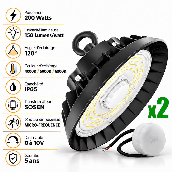 Pack de 2x Lampes industrielles UFO - Série LIGHT V3 SENSOR - Avec détecteur de mouvement - 200 Watts - 30 000 Lumens - 150 Lumens/Watt - Angle 120° - IP65 - 32 x 13 cm - Transformateur SOSEN - Dimmable 0 à 10V - 3000k/4000k/6000k - Garantie 5 ans