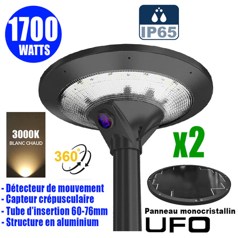Pack de 2x Lampes d'extérieur solaires - Série OVNI EVO - 1700 watts - 5100 Lumens - Angle 360° - IP65 - 54 x 20 cm - Panneau solaire monocristallin - Structure aluminium - Tube d'insertion 76mm - Détecteur de mouvement - 3000k