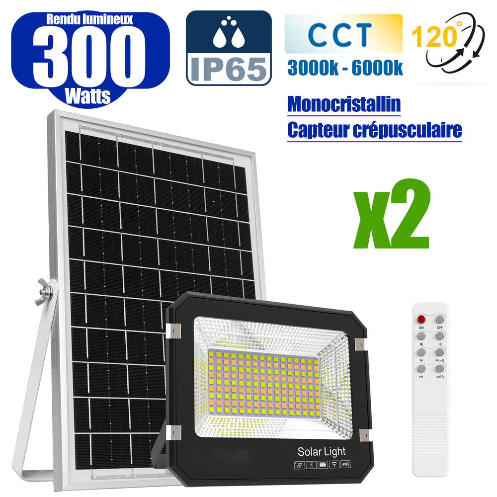 Pack de 2x Projecteurs LED solaires  Série AJUST V3 - CCT - Rendu lumineux 300 Watts - 1400 Lumens - 120° - IP65 - Projecteur 26 x 21 x 5 cm - Panneau MONOCRISTALLIN 30 x 21 x 2 cm - Avec Télécommande - Avec Capteur crépusculaire