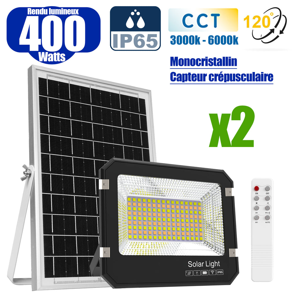 Pack de 2x Projecteurs LED solaires  Série AJUST V3 - CCT - Rendu lumineux 400 Watts - 2800 Lumens - 120° - IP65 - Projecteur 36 x 30 x 5 cm - Panneau MONOCRISTALLIN 39 x 30 x 2 cm - Avec télécommande - Avec capteur crépusculaire