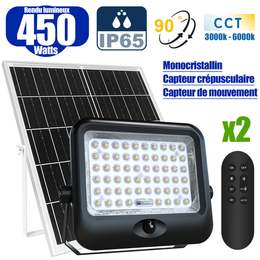 Pack de 2x Projecteurs LED solaires - Série SECURITY V4 - CCT - Rendu lumineux 450 Watts - 4800 Lumens - Angle 90° - IP65 - Lampe 28 x 22 x 5 cm - Panneau MONOCRISTALLIN FULL BLACK 35 x 35 x 2 cm - Avec détecteur de mouvement - Avec télécommande