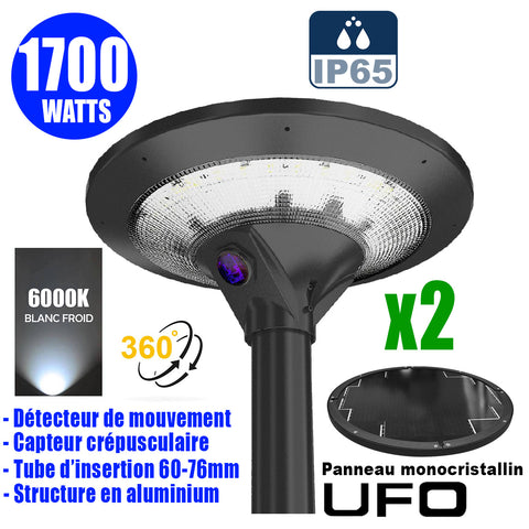 Pack de 2x Lampes d'extérieur solaires - Série OVNI EVO - 1700 watts - 5100 Lumens - Angle 360° - IP65 - 54 x 20 cm - Panneau solaire monocristallin - Structure aluminium - Tube d'insertion 76mm - Détecteur de mouvement - 6000k