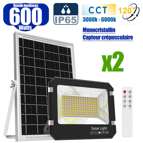Pack de 2x Projecteurs LED solaires  Série AJUST V3 - CCT (Couleur Changeante en Température ) - Rendu lumineux 600 Watts - 4100 Lumens - 120° - IP65 - Projecteur 36 x 30 x 5 cm - Panneau MONOCRISTALLIN - Avec télécommande - Avec capteur crépusculaire