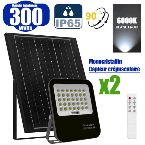 Pack de 2x Projecteurs LED solaires - Série BIG BOY V3 - 300 Watts - 1400 Lumens - 90° - IP65 - Lampe 23 x 19 x 5 cm - Modèle NOIR - Panneau solaire MONOCRISTALLIN FULL BLACK 21 x 30 x 2 cm - Télécommande - 6000k - Structure ALUMINIUM