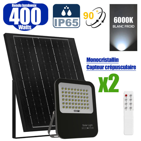 Pack de 2x Projecteurs LED solaires - Série BIG BOY V3 - 400 Watts - 2100 Lumens - 90° - IP65 - Lampe 28 x 23 x 5 cm - Modèle NOIR - Panneau solaire MONOCRISTALLIN FULL BLACK 39 x 30 x 2 cm - Télécommande - 6000k - Structure ALUMINIUM