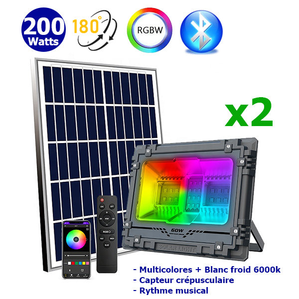 Pack de 2x Projecteurs LED solaires - Série WARRIOR RGBW (Multicolores + Blanc) - 200 Watts - Angle 120° - Lampe 31 x 24 x 7 cm - Panneau solaire 43 x 35 cm - IP67 - Avec télécommande - Avec capteur crépusculaire - Bluetooth - Rythme musical