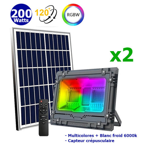Pack de 2x Projecteurs LED solaires - Série WARRIOR RGBW (Multicolores + Blanc) - 200 Watts - Angle 120° - Lampe 31 x 24 x 7 cm - Panneau solaire 43 x 35 cm - IP67 - Avec télécommande - Avec capteur crépusculaire