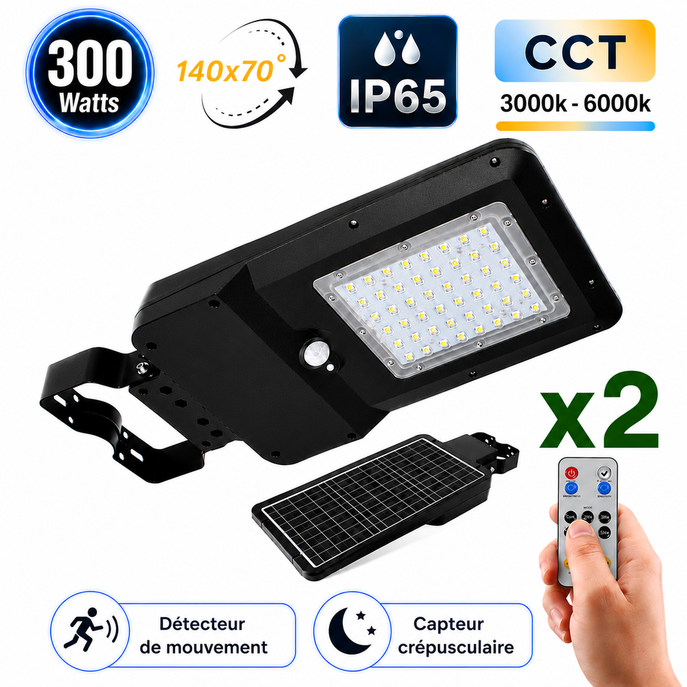 Pack de 2x Lampes de rue et parking Solaires - Série STREET EVO V2 – Rendu lumineux 300 Watts - 3000 Lumens - CCT 3000k/4000k/6000k Ajustable - IP65 - 140x70° - 49 x 23 x 6 cm - Tube d'insertion 45-50mm - Télécommande - Détecteur de mouvement