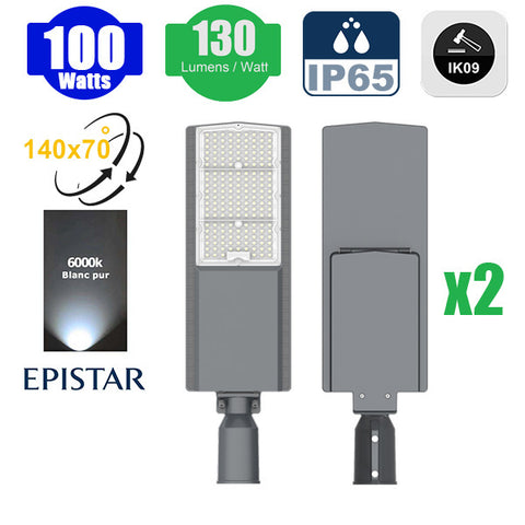 DERNIER DU STOCK : 2x Lampes de rue filaires - Série FLEX V2 - 100 Watts - 13 000 Lumens - 130 Lumens/Watt - IP65 - IK09 - Angle 140x70° - 54 x 17 x 2 cm - 6000k – Angle rotatif ajustable - Tube d'insertion 50/60mm