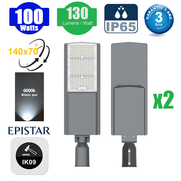 DERNIER DU STOCK : 2x Lampes de rue filaires - Série FLEX V2 - 100 Watts - 13 000 Lumens - 130 Lumens/Watt - IP65 - IK09 - Angle 140x70° - 54 x 17 x 2 cm - 6000k – Angle rotatif ajustable - Tube d'insertion 50/60mm - Garantie 5 ans