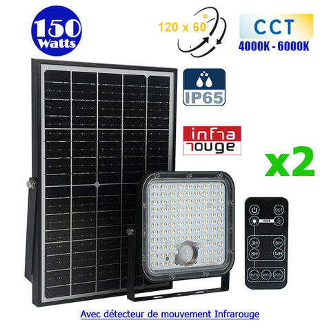 Pack de 2x Projecteurs LED solaires CCT (Couleur Changeante en Température) - Série SECURITY V1 - Rendu lumineux 150 Watts - 1500 lumens - Angle 120° x 60° - Lampe 14 x 15 x 3 cm - Panneau solaire monocristallin - Détecteur Infrarouge