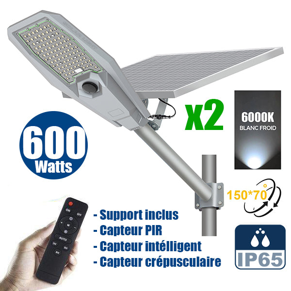Pack de 2x Lampes de rue solaire - Série INTERSTELLAR ULTRA - 600 Watts - 3600 Lumens - Angle 150x70° - IP65 - Lampe 62 x 30 x 8 cm - Controleur intelligent - Avec télecommande - Capteur PIR - 6000k - Support inclus - Capteur crépusculaire