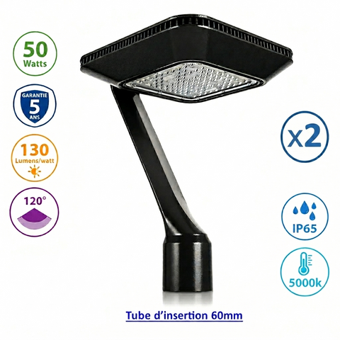 Pack de 2x Lampes de jardin / Parking - Filaire - Série OVALI ALEN - 50 Watts - 6500 Lumens - 130 Lumens/watt - IP65 - 120° ajustable - 34 x 29 x 24 cm - 5000K - Structure en ALUMINIUM - Tube d’insertion 60mm - Garantie 5 ans