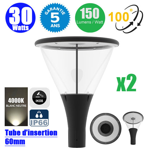Pack de 2x Lampes de jardin / Parking - Filaire - Série OVALI GARDEN - 30 Watts - 4500 Lumens - 150 Lumens/Watt - Angle 100° - IP66 - IK08 - 57 x 45 cm - 4000K  - Tube d’insertion 60mm - Garantie 5 ans