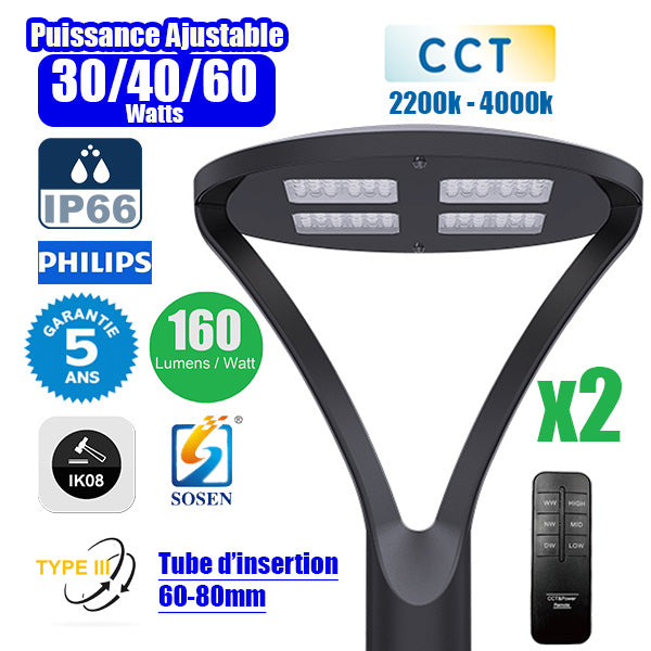 Pack de 2x Lampes de jardin filaires - OVALI ULTRA CCT - Puissance ajustable 30 / 40 / 60 Watts - Jusqu'à 9600 Lumens - 160 Lumens/Watt - IK08 - IP66 - Angle Type III - Tube d’insertion 60 / 80mm - Transformateur SOSEN - 54 x 42 x 42 cm - Garantie 5 ans