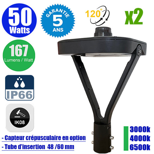Pack de 2x Lampes de jardin et parking filaires - Série OVALI V3 - 50 Watts - 8350 Lumens - 167 Lumens/watt - IK08 - IP66 - 120° ajustable - 3000k/4000k/6500k au choix - Tube d’insertion 48 / 60mm - Capteur crépusculaire en option - Garantie 5 ans