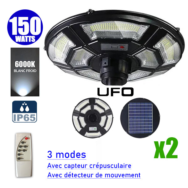 Pack de 2x Lampes solaires pour extérieur - Série OVNI BASIC V2 - Rendu lumineux 150W - 950 Lumens - Angle 360° - IP65 - 55 x 15 cm - Tube d'insertion 60 / 76mm - Avec télécommande - Avec détecteur de mouvement - Avec capteur crépusculaire - 6000k