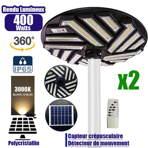 Pack de 2x Lampes solaires pour extérieur - Série OVNI EMERAUDE -  400 Watts - 2300 Lumens - Angle 360° - IP65 - Lampe 61 x 61 cm - Panneau polycristallin 48 x 35 cm - Tube d'insertion 60/76 mm - Détecteur de mouvement - Télécommande - 3000k
