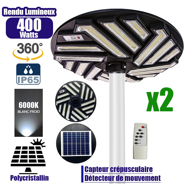 Pack de 2x Lampes solaires pour extérieur - Série OVNI EMERAUDE -  400 Watts - 2300 Lumens - Angle 360° - IP65 - Lampe 61 x 61 cm - Panneau polycristallin 48 x 35 cm - Tube d'insertion 60/76 mm - Détecteur de mouvement - Télécommande - 6000k