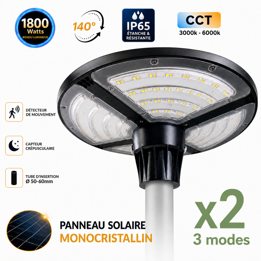 Pack de 2x Lampes solaires pour extérieur - Série OVNI FUTUR V3 - MODULAIRE & CCT - 1800 Watts - 4800 Lumens - IP65 - Angle 140° - 40 x 14 cm - Panneau MONOCRISTALLIN - Tube d'insertion 50-60mm - Avec Détecteur de mouvement - Avec Télécommande