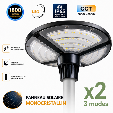 Pack de 2x Lampes solaires pour extérieur - Série OVNI FUTUR V3 - MODULAIRE & CCT - 1800 Watts - 4800 Lumens - IP65 - Angle 140° - 40 x 14 cm - Panneau MONOCRISTALLIN - Tube d'insertion 50-60mm - Avec Détecteur de mouvement - Avec Télécommande
