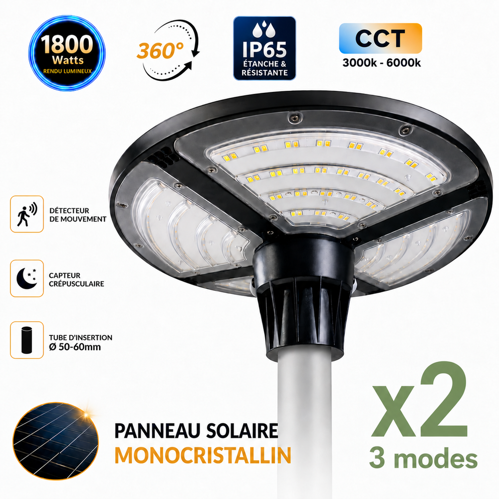 Pack de 2x Lampes solaires pour extérieur - Série OVNI FUTUR V3 - MODULAIRE & CCT - 1800 Watts - 4800 Lumens - IP65 - Angle 360° - 40 x 14 cm - Panneau MONOCRISTALLIN - Diamètre tube d'insertion 50-60mm - Avec Détecteur de mouvement - Avec Télécommande
